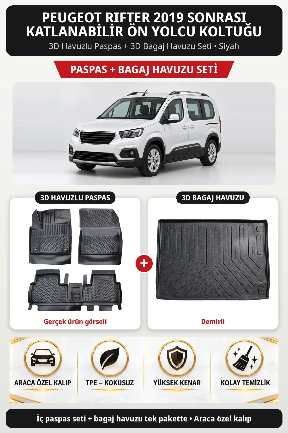 Peugeot Rifter 2019 Sonrası Katlanabilir Ön Yolcu Koltuğu 3D Paspas + Bagaj Havuzu Seti (Demirli) Siyah (1)