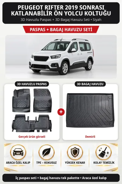 Peugeot Rifter 2019 Sonrası Katlanabilir Ön Yolcu Koltuğu 3D Paspas + Bagaj Seti (Demirli) Siyah