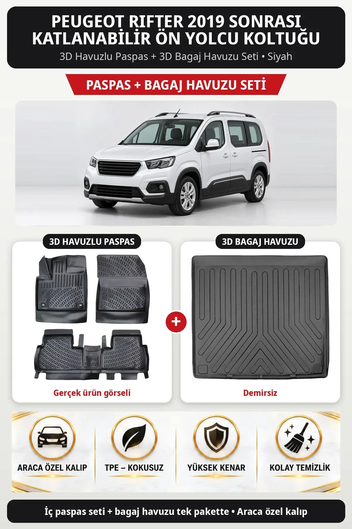 Peugeot Rifter 2019 Sonrası Katlanabilir Ön Yolcu Koltuğu 3D Paspas + Bagaj Havuzu Seti (Demirsiz) Siyah (1)