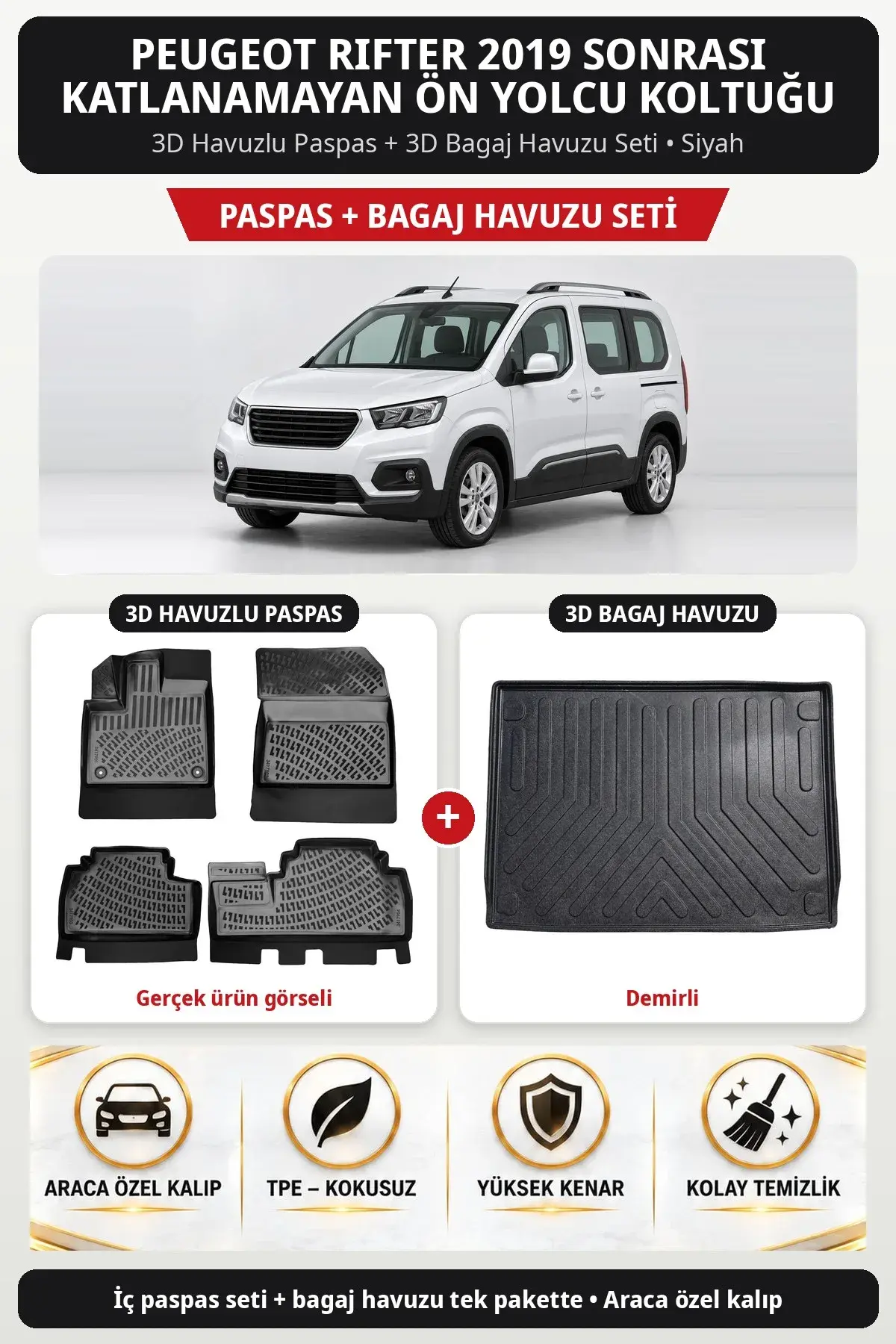 Peugeot Rifter 2019 Sonrası Katlanamayan Ön Yolcu Koltuğu 3D Paspas + Bagaj Havuzu Seti (Demirli) Siyah (1)