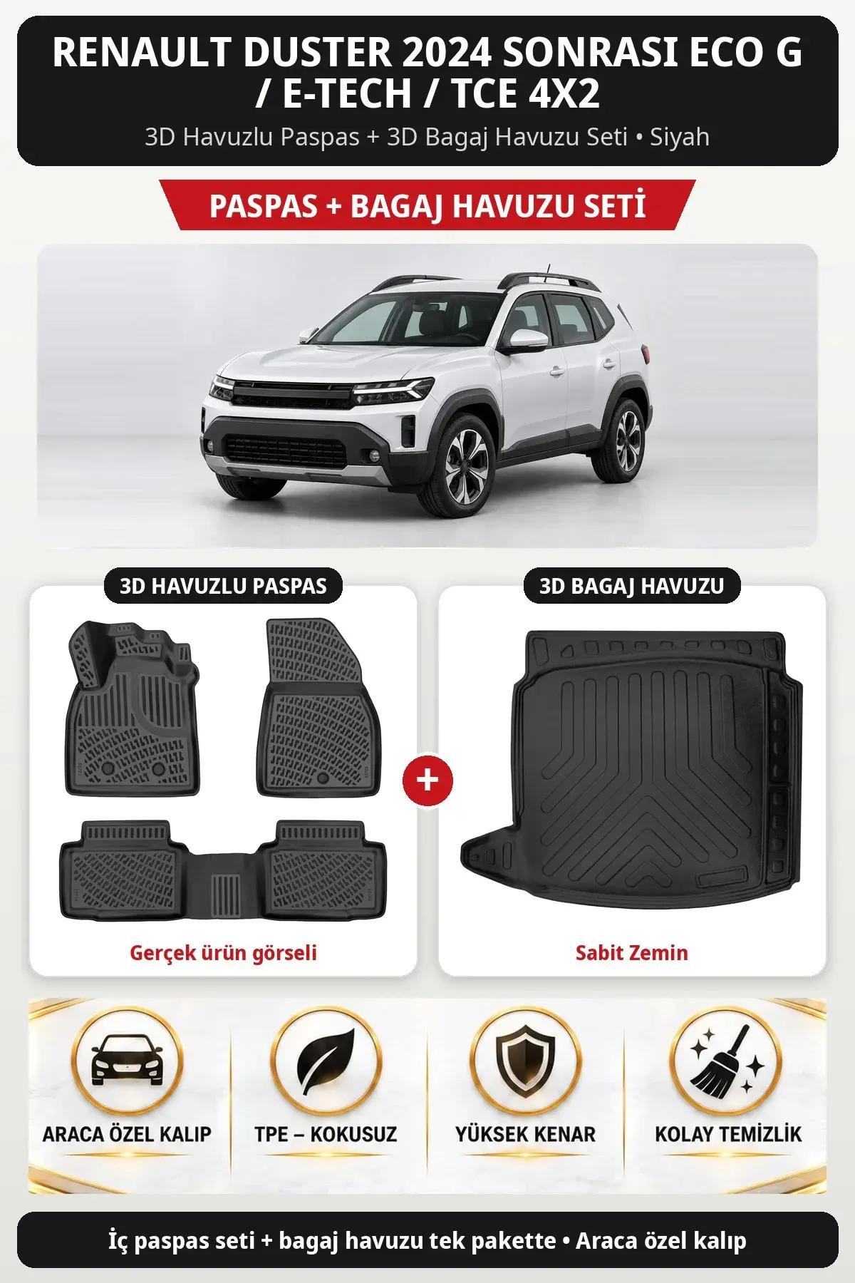 Renault Duster 2024 Sonrası Eco G / e-Tech / Tce 4X2 3D Paspas + Bagaj Havuzu Seti (Sabit Zemin) Siyah (1)