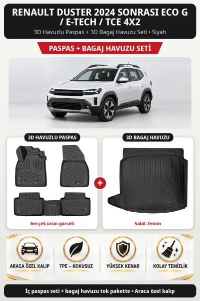 Renault Duster 2024 Sonrası Eco G / e-Tech / Tce 4X2 3D Paspas + Bagaj Seti (Sabit Zemin) Siyah