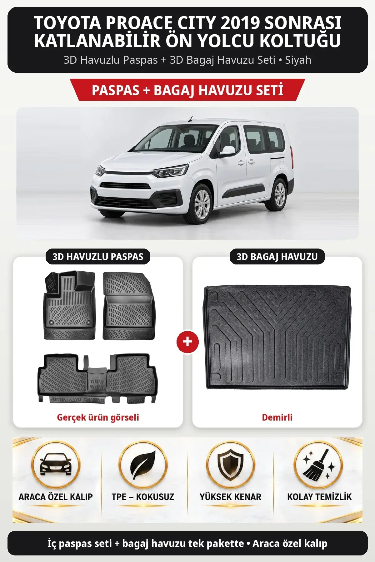 Toyota Proace City 2019 Sonrası Katlanabilir Ön Yolcu Koltuğu 3D Paspas + Bagaj Havuzu Seti (Demirli) Siyah (1)