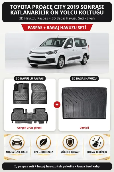 Toyota Proace City 2019 Sonrası Katlanabilir Ön Yolcu Koltuğu 3D Paspas + Bagaj Seti (Demirli) Siyah