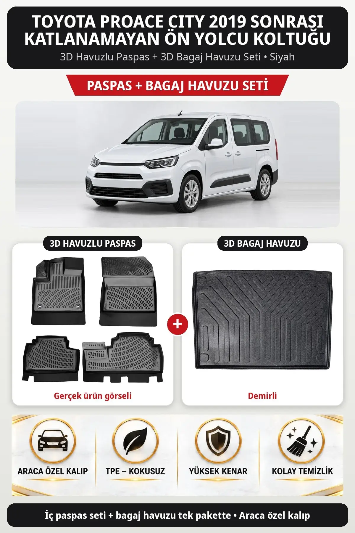 Toyota Proace City 2019 Sonrası Katlanamayan Ön Yolcu Koltuğu 3D Paspas + Bagaj Havuzu Seti (Demirli) Siyah (1)