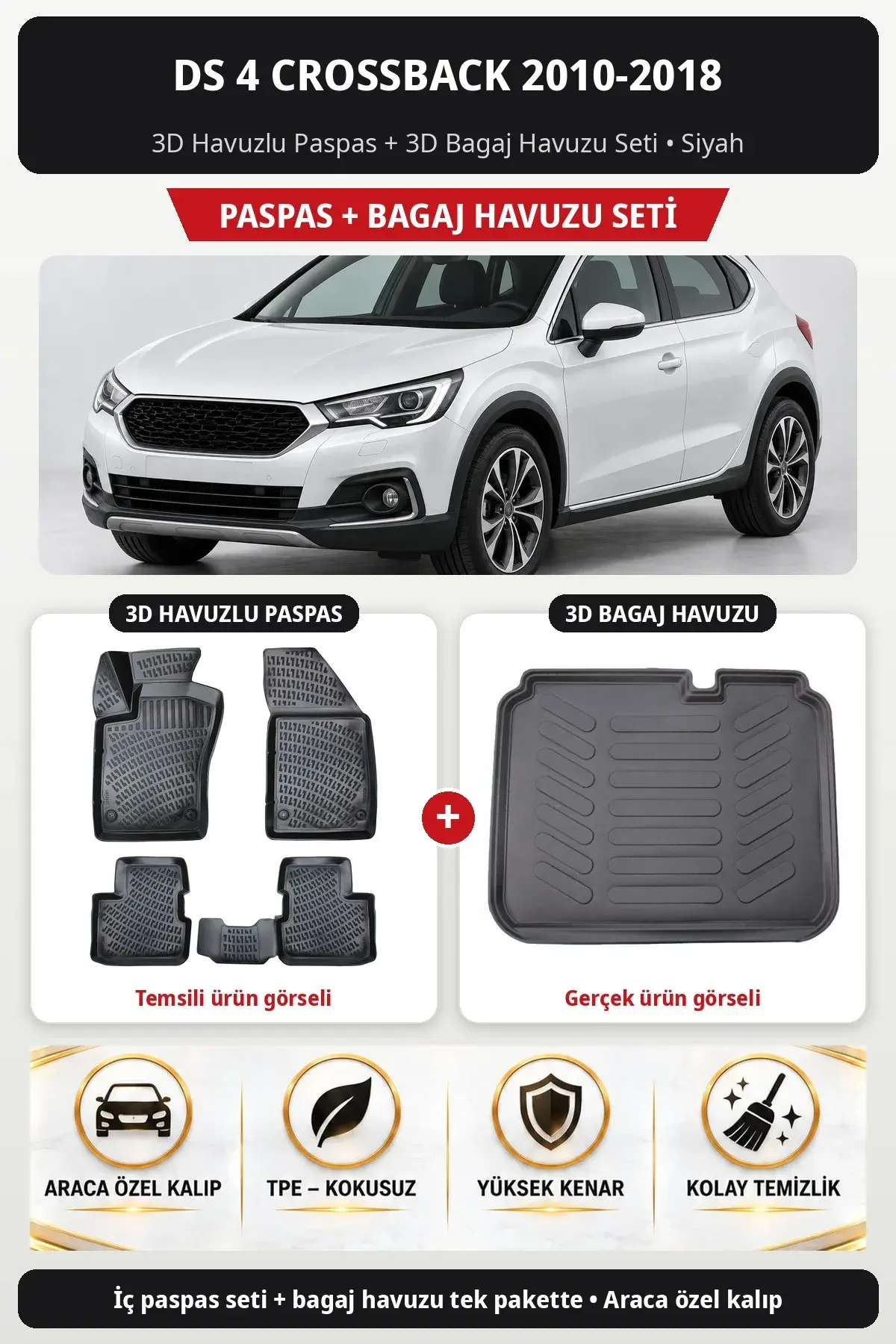 DS 4 Crossback 2010-2018 3D Havuzlu Paspas + 3D Bagaj Havuzu Seti Siyah (1)