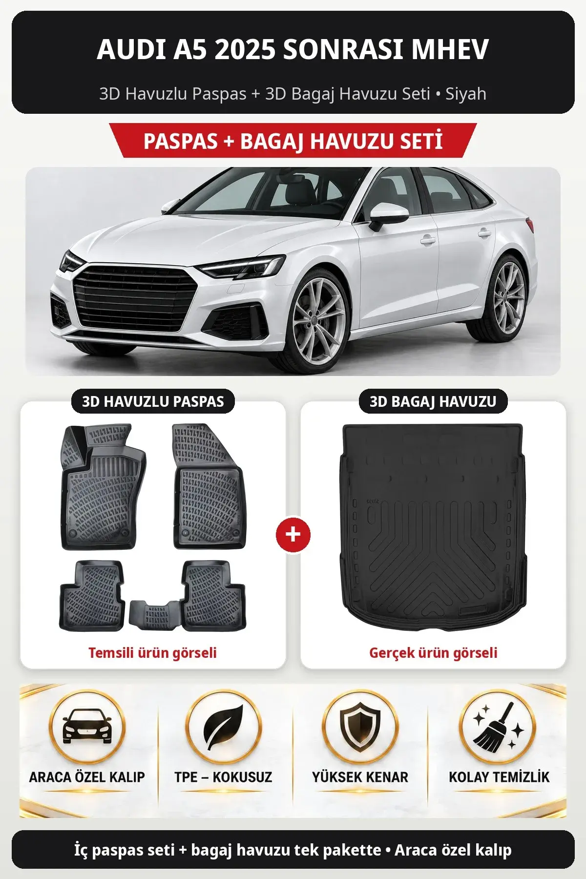 Audi A5 2025 Sonrası Mhev 3D Havuzlu Paspas + 3D Bagaj Havuzu Seti Siyah (1)
