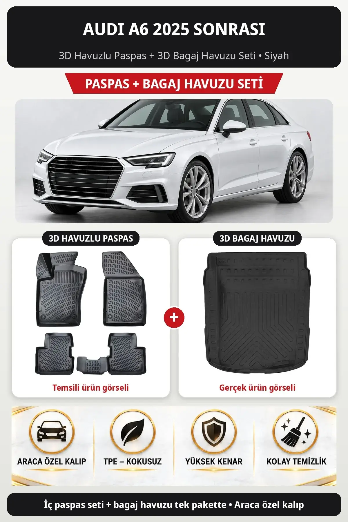 Audi A6 2025 Sonrası 3D Havuzlu Paspas + 3D Bagaj Havuzu Seti Siyah (1)