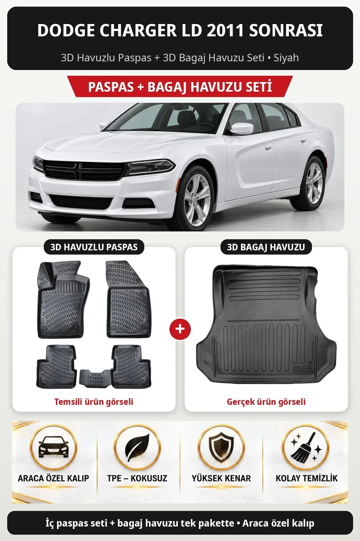 Dodge Charger LD 2011 Sonrası 3D Havuzlu Paspas + 3D Bagaj Havuzu Seti Siyah (1)