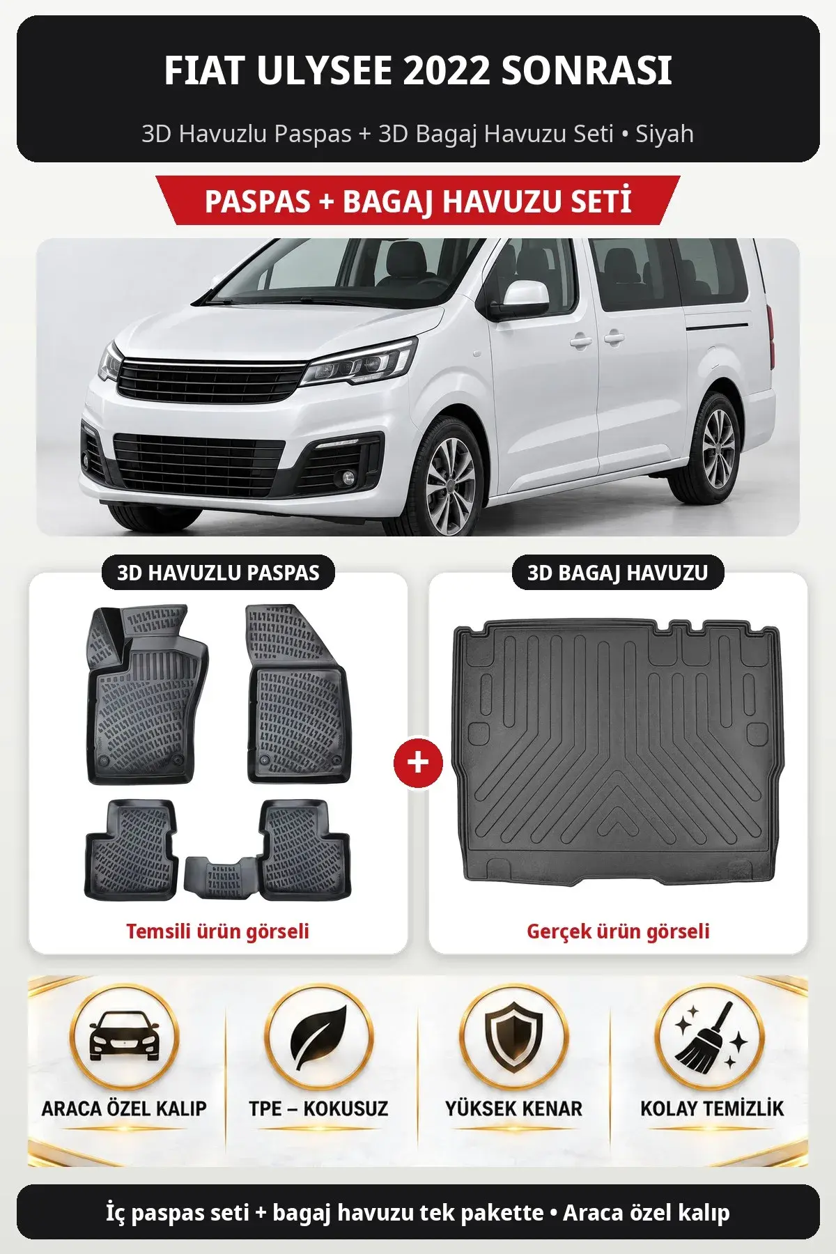 Fiat Ulysee 2022 Sonrası 3D Havuzlu Paspas + 3D Bagaj Havuzu Seti Siyah (1)