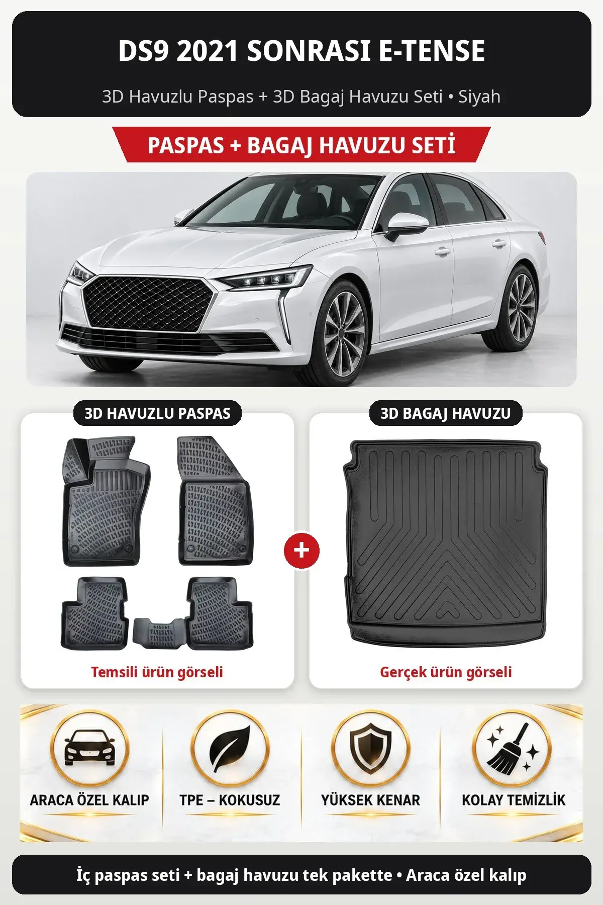Ds9 2021 Sonrası E-Tense 3D Havuzlu Paspas + 3D Bagaj Havuzu Seti Siyah (1)