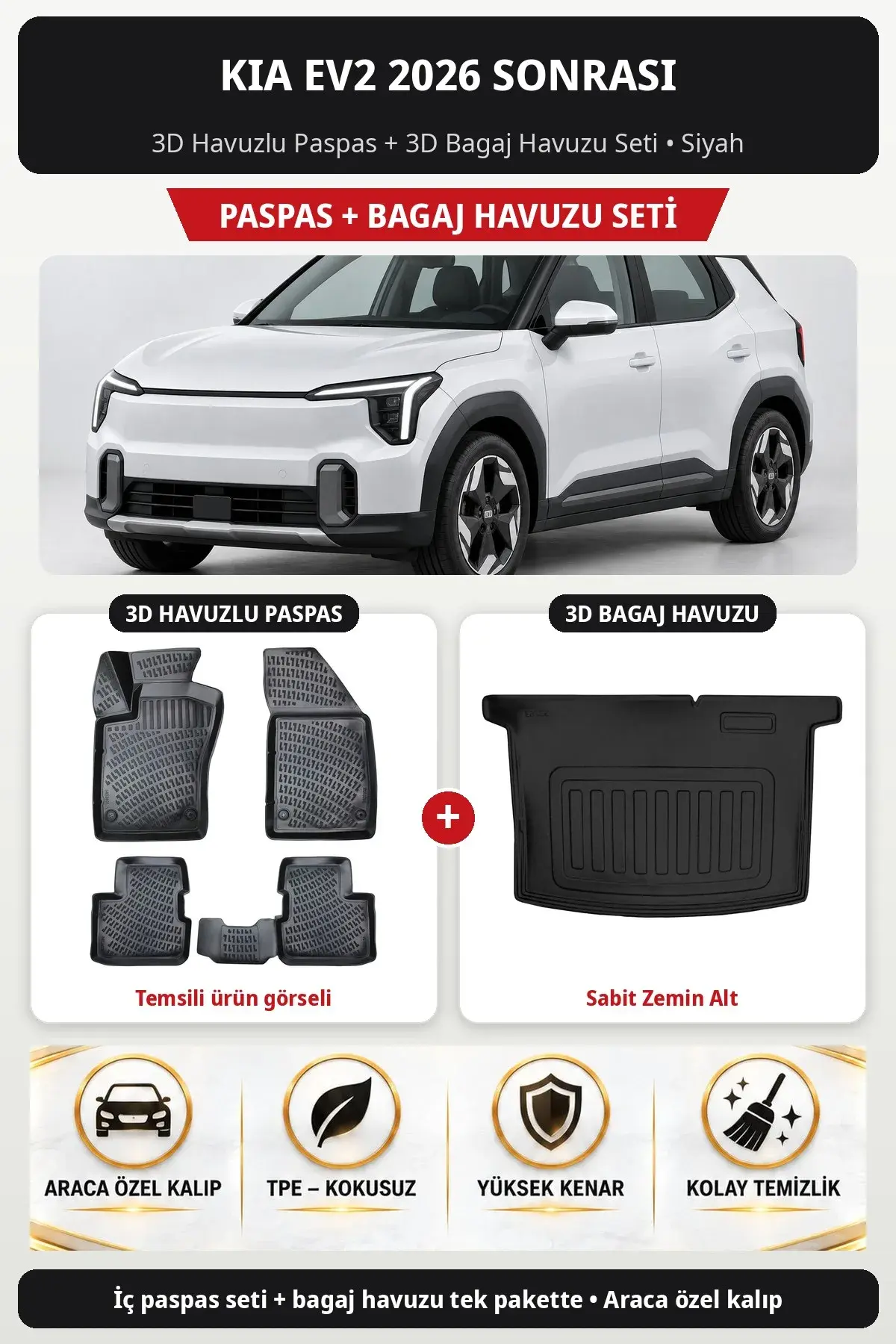 Kia EV2 2026 Sonrası 3D Havuzlu Paspas + 3D Bagaj Havuzu Seti (Sabit Zemin Alt) Siyah (1)