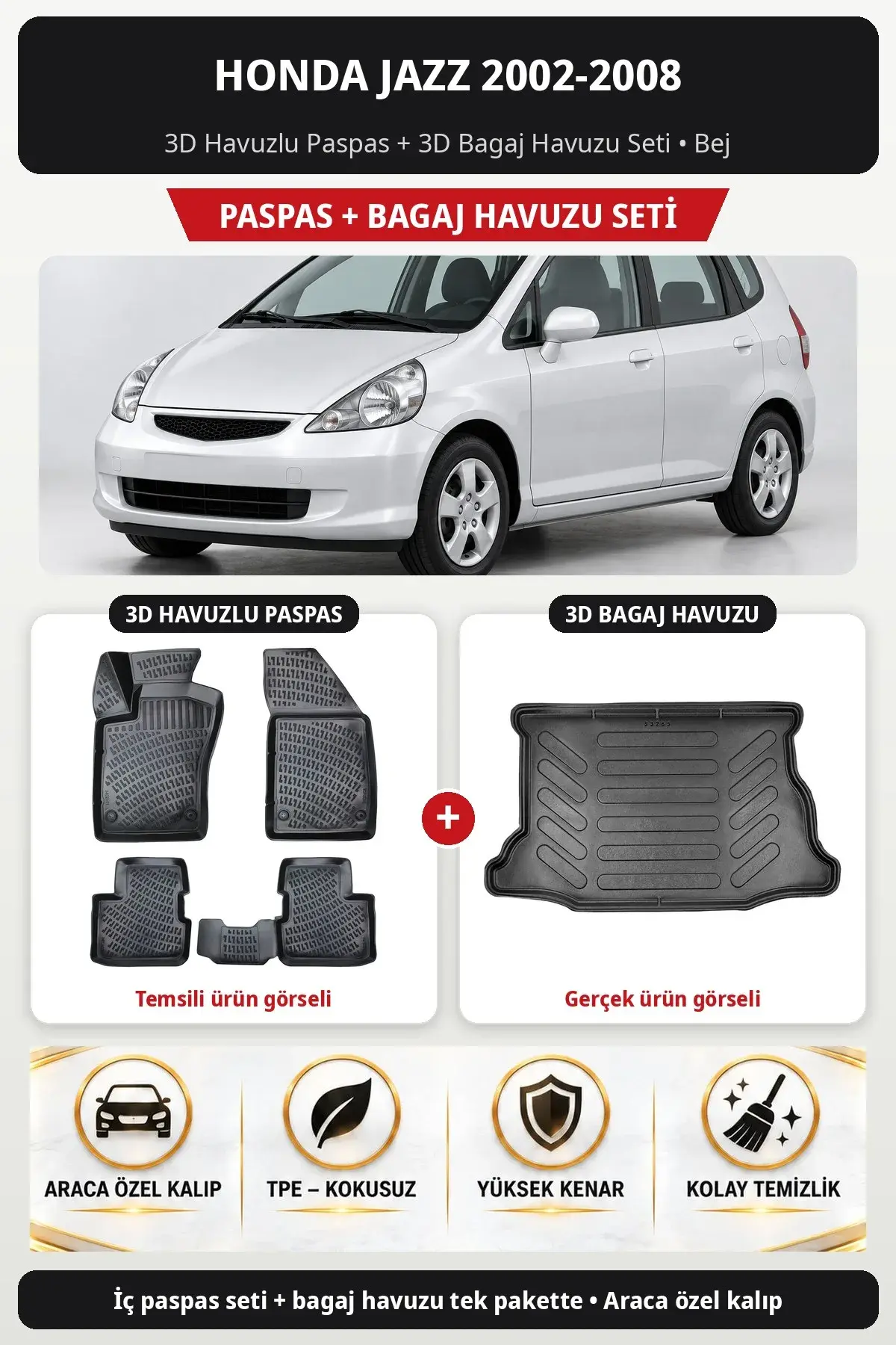 Honda Jazz 2002-2008 3D Havuzlu Paspas + 3D Bagaj Havuzu Seti Bej (1)