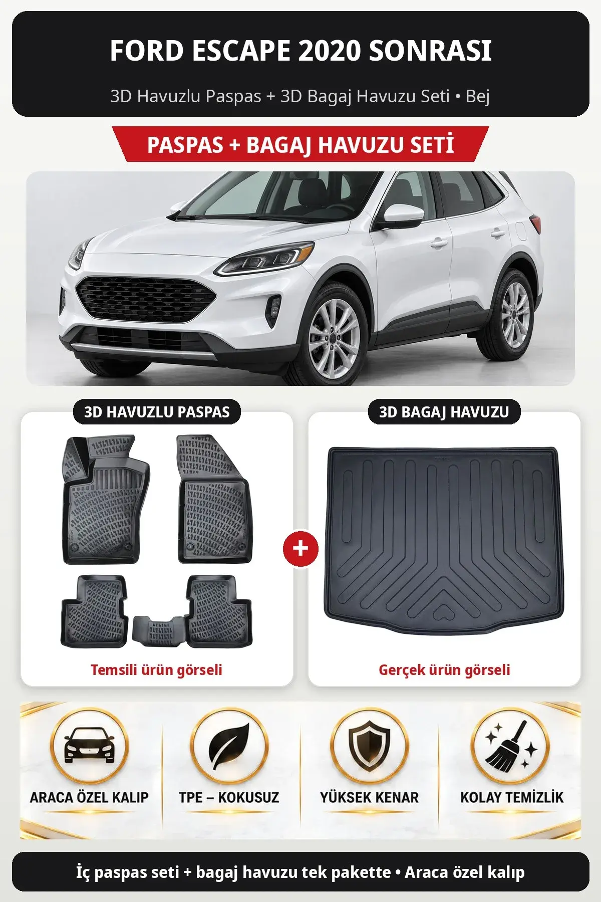 Ford Escape 2020 Sonrası 3D Havuzlu Paspas + 3D Bagaj Havuzu Seti Bej (1)