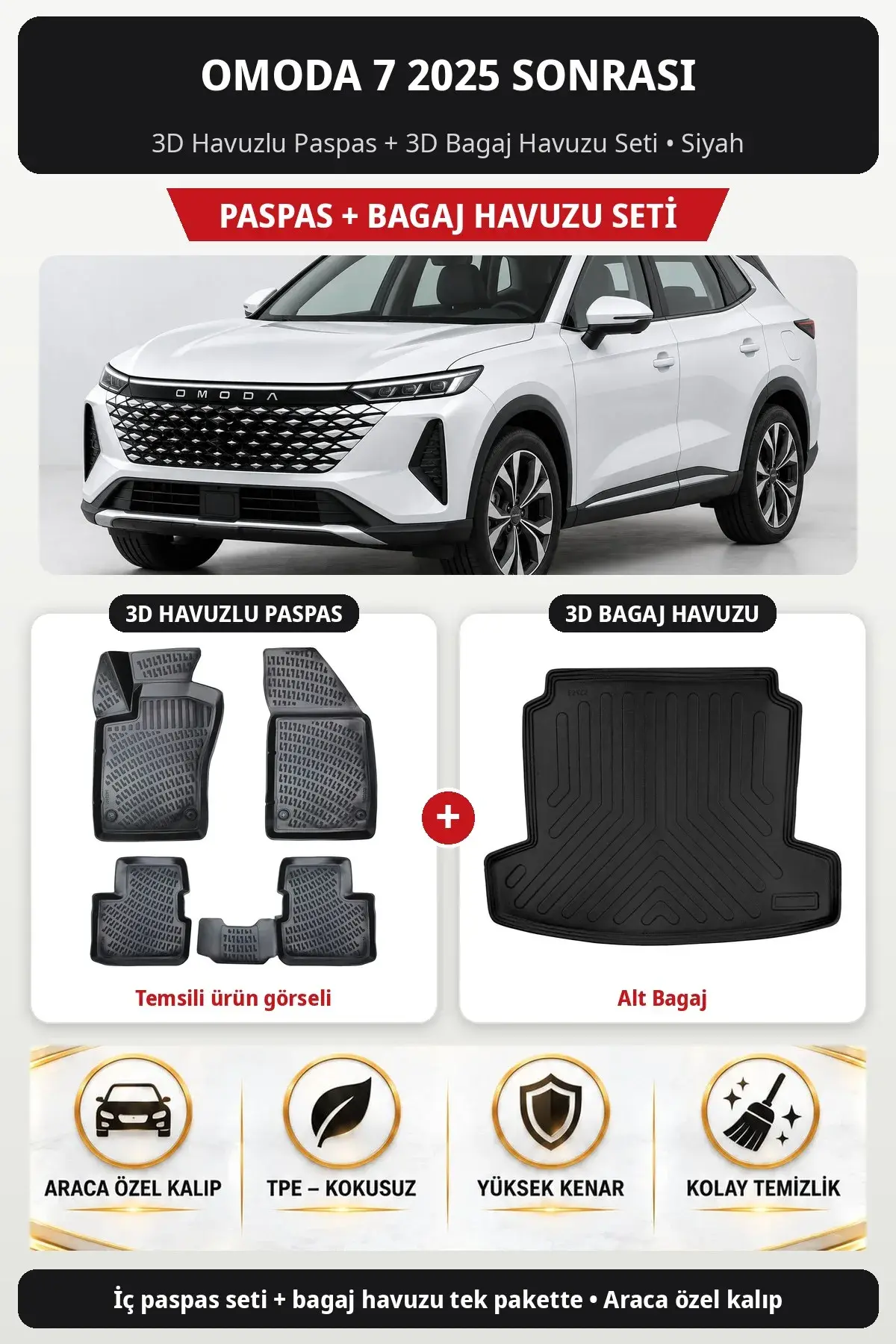 Omoda 7 2025 Sonrası 3D Havuzlu Paspas + 3D Bagaj Havuzu Seti (Alt Bagaj) Siyah (1)