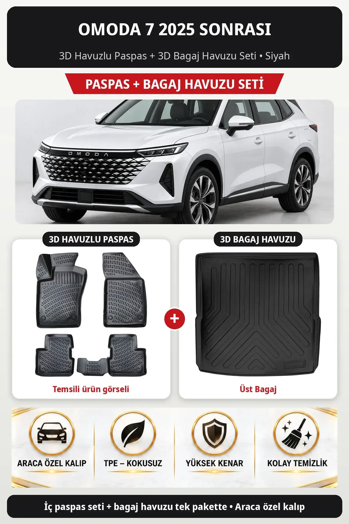 Omoda 7 2025 Sonrası 3D Havuzlu Paspas + 3D Bagaj Havuzu Seti (Üst Bagaj) Siyah (1)