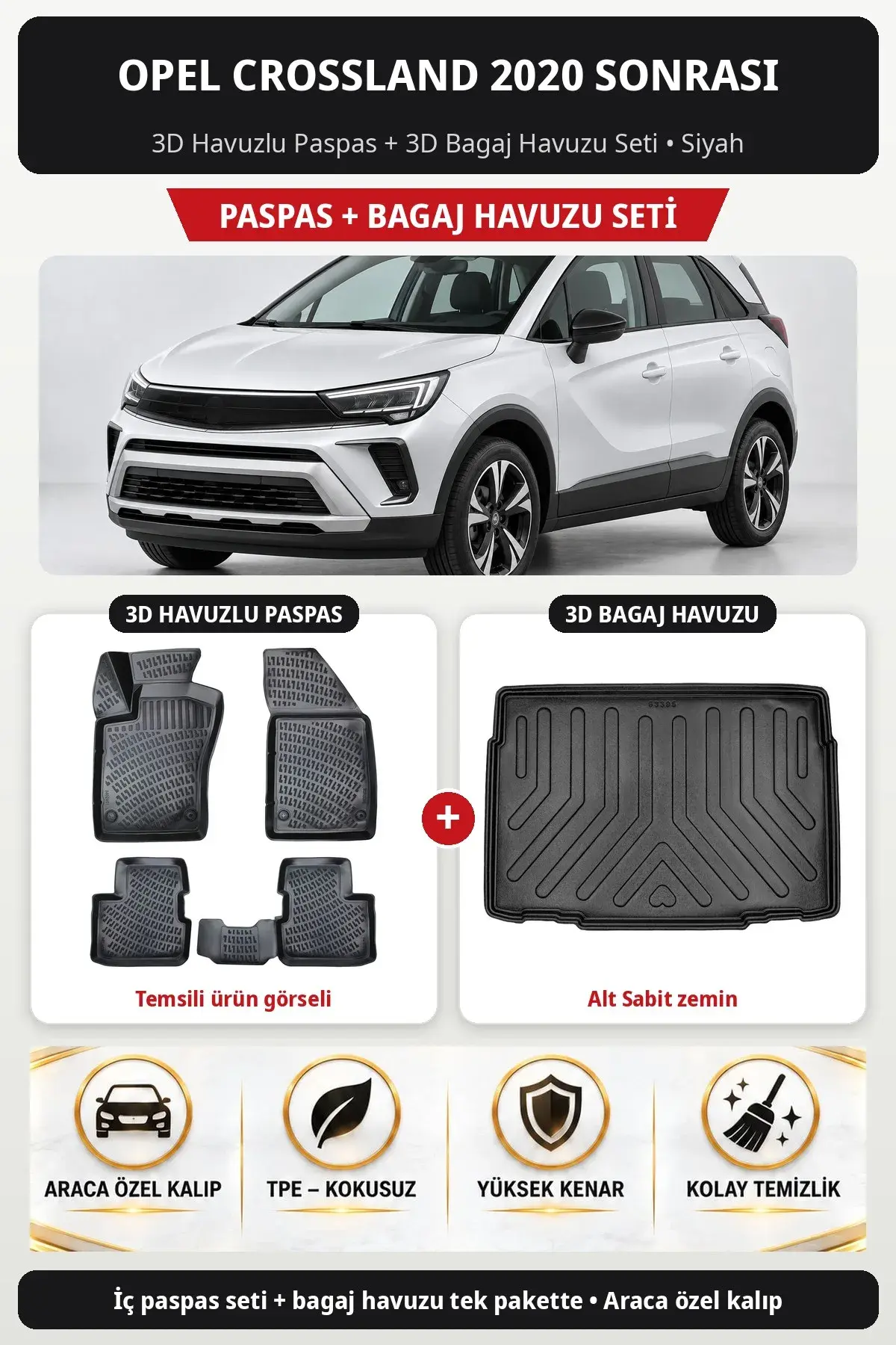 Opel Crossland 2020 Sonrası 3D Havuzlu Paspas + 3D Bagaj Havuzu Seti (Alt Sabit zemin) Siyah (1)