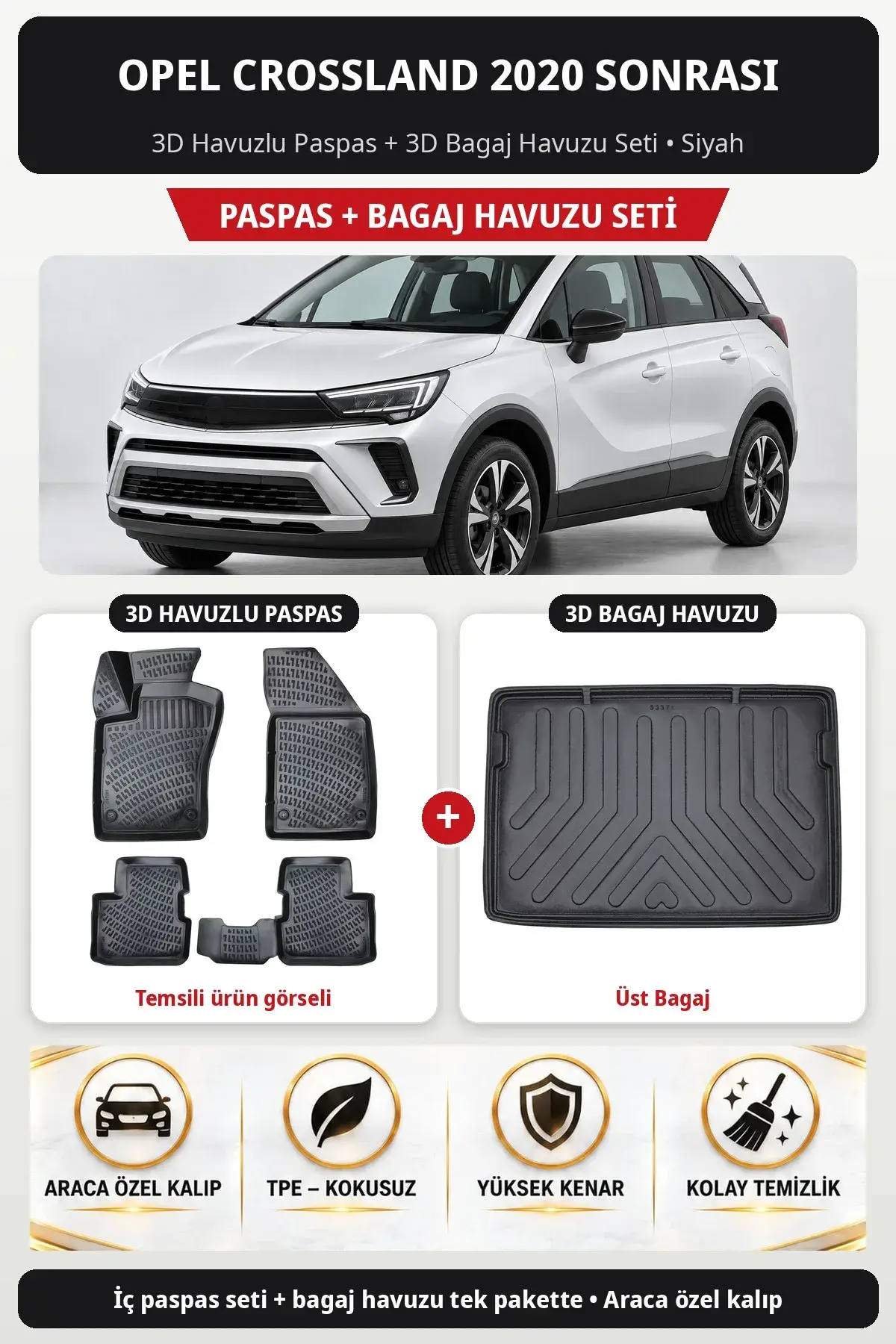 Opel Crossland 2020 Sonrası 3D Havuzlu Paspas + 3D Bagaj Havuzu Seti (Üst Bagaj) Siyah (1)