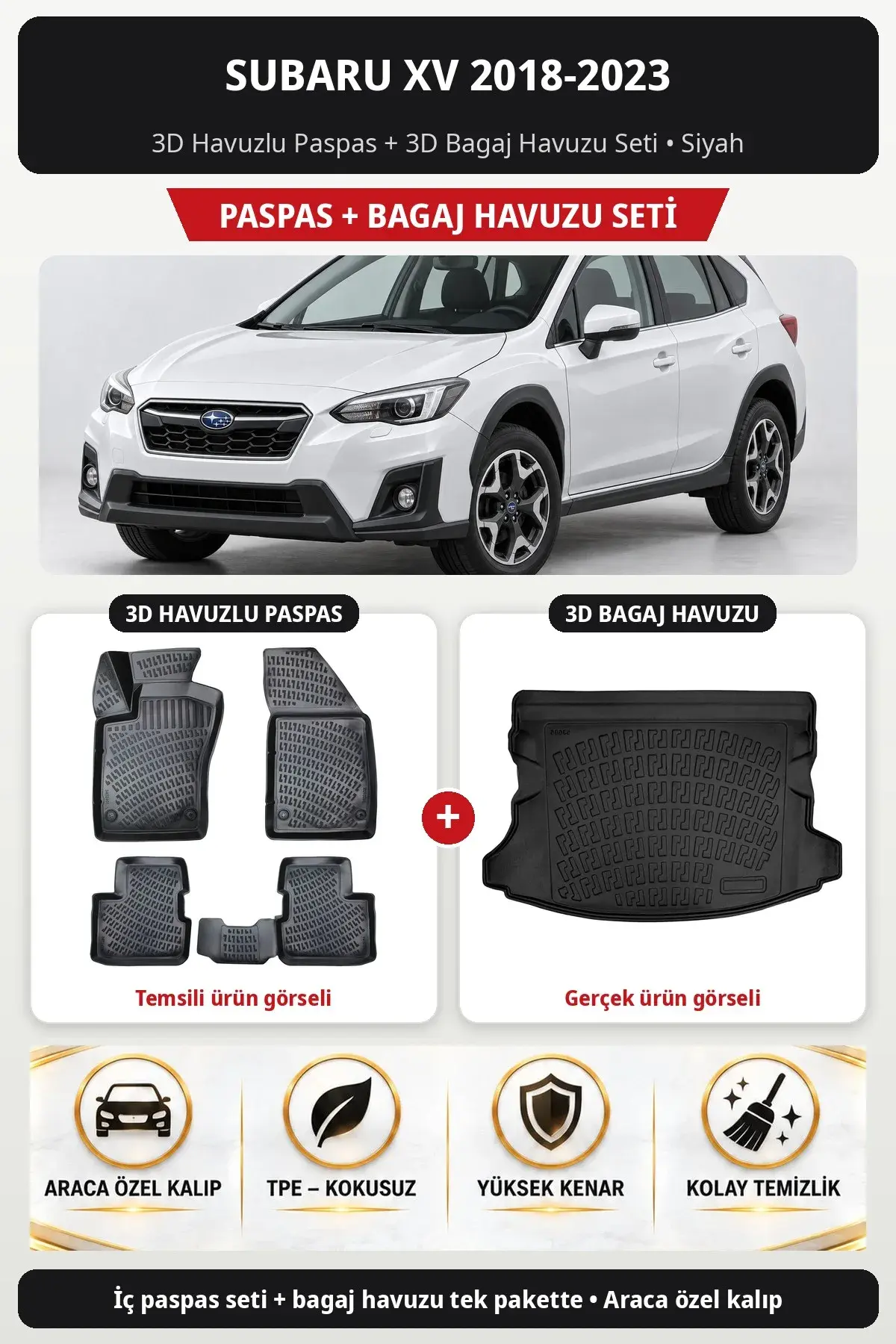 Subaru XV 2018-2023 3D Havuzlu Paspas + 3D Bagaj Havuzu Seti Siyah (1)