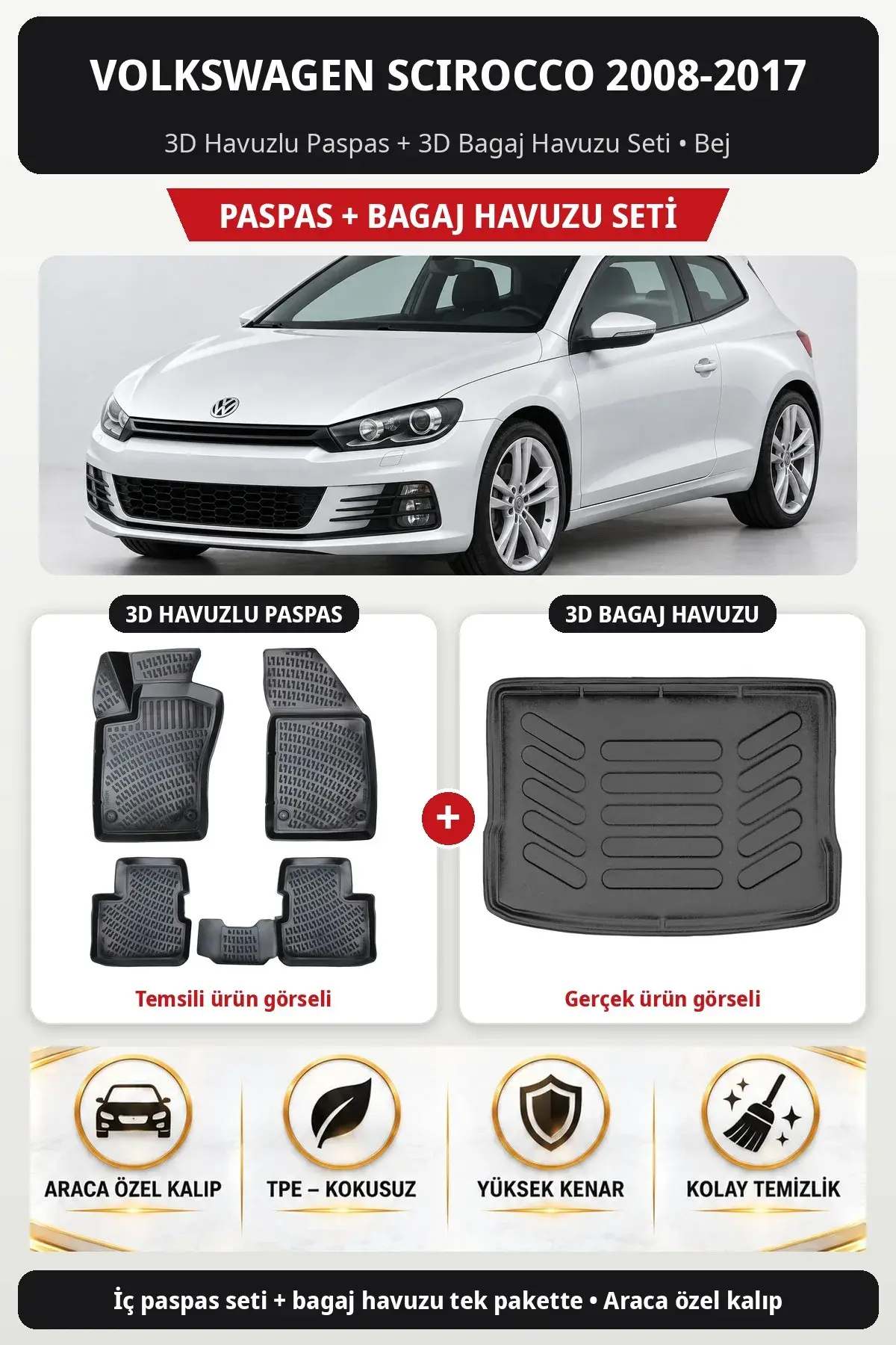 Volkswagen Scirocco 2008-2017 3D Havuzlu Paspas + 3D Bagaj Havuzu Seti Bej (1)