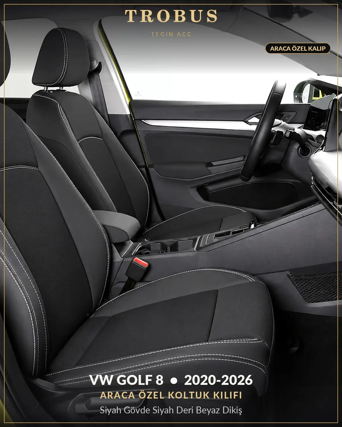 Volkswagen Golf 8 2020-2026 Araca Özel Koltuk Kılıfı Siyah Gövde Siyah Deri Beyaz Dikiş (1)