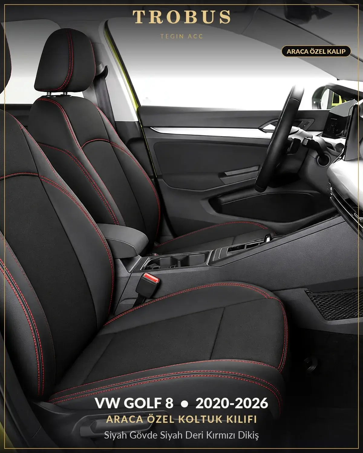 Volkswagen Golf 8 2020-2026 Araca Özel Koltuk Kılıfı Siyah Gövde Siyah Deri Kırmızı Dikiş (1)