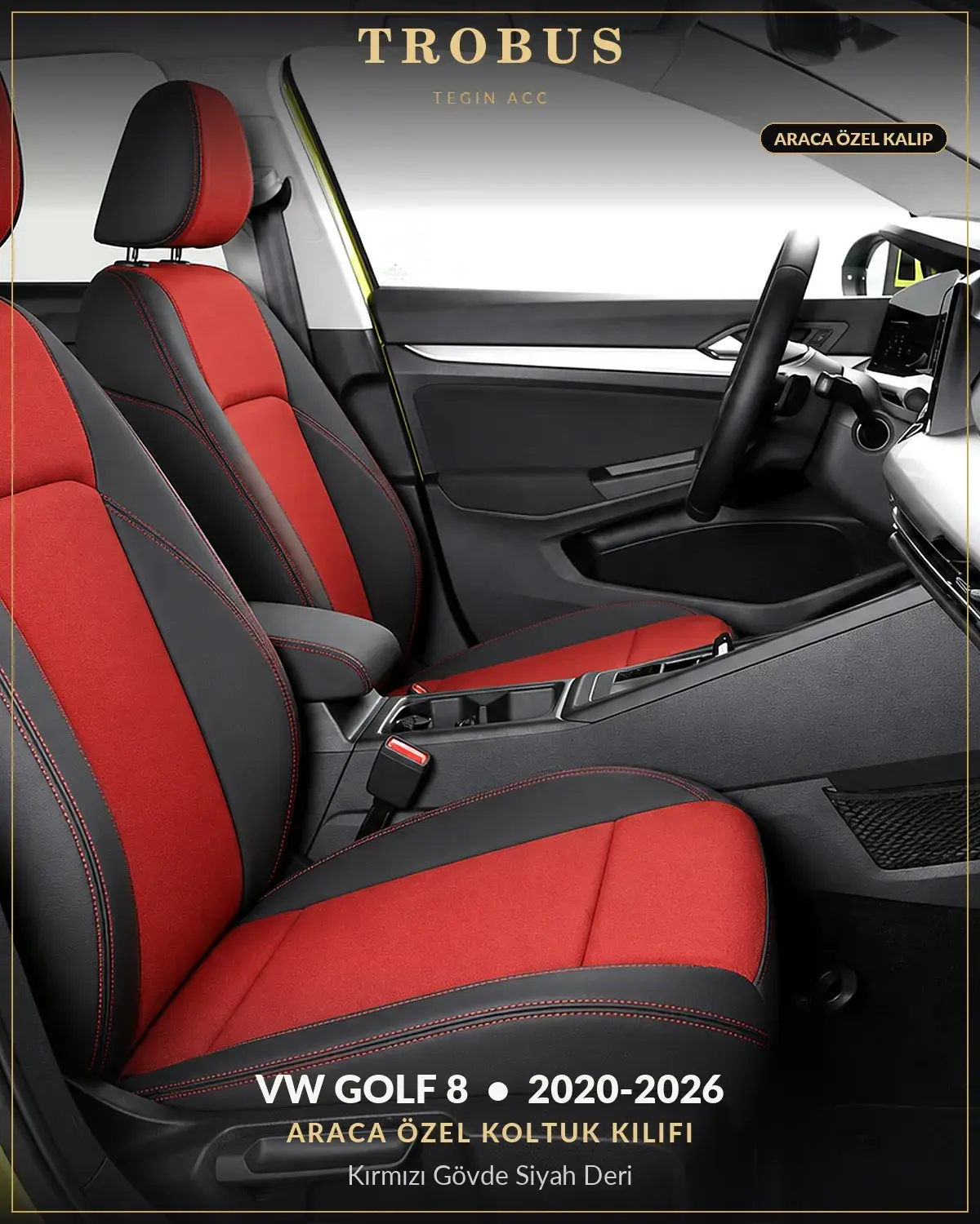 Volkswagen Golf 8 2020-2026 Araca Özel Koltuk Kılıfı Kırmızı Gövde Siyah Deri (1)