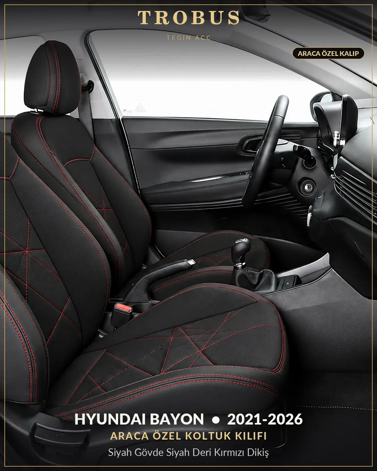 Hyundai Bayon 2021-2026 Araca Özel Koltuk Kılıfı Siyah Gövde Siyah Deri Kırmızı Dikiş (1)