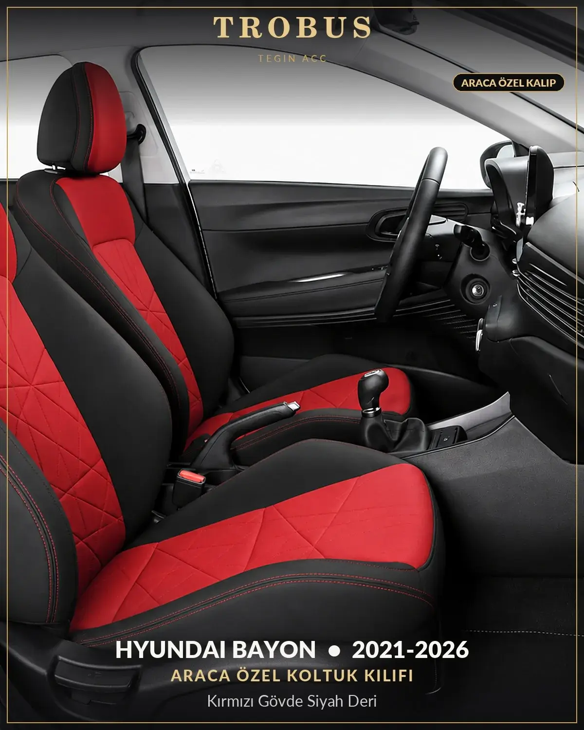 Hyundai Bayon 2021-2026 Araca Özel Koltuk Kılıfı Kırmızı Gövde Siyah Deri (1)