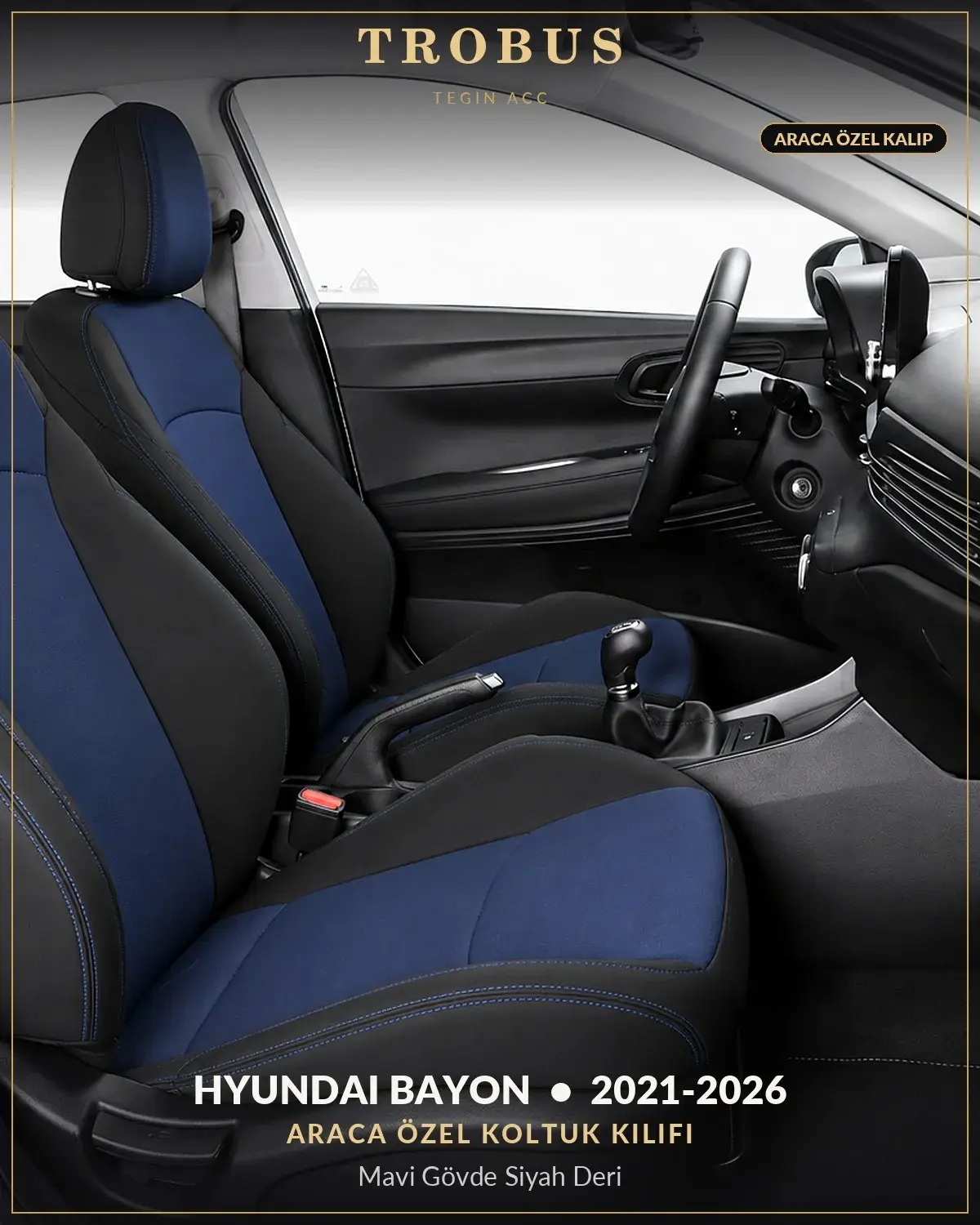 Hyundai Bayon 2021-2026 Araca Özel Koltuk Kılıfı Mavi Gövde Siyah Deri (1)
