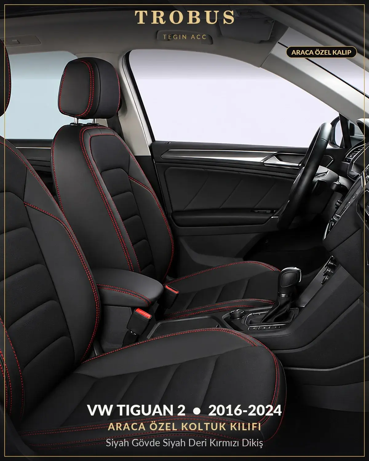 Volkswagen Tiguan 2 2016-2024 Araca Özel Koltuk Kılıfı Siyah Gövde Siyah Deri Kırmızı Dikiş (1)