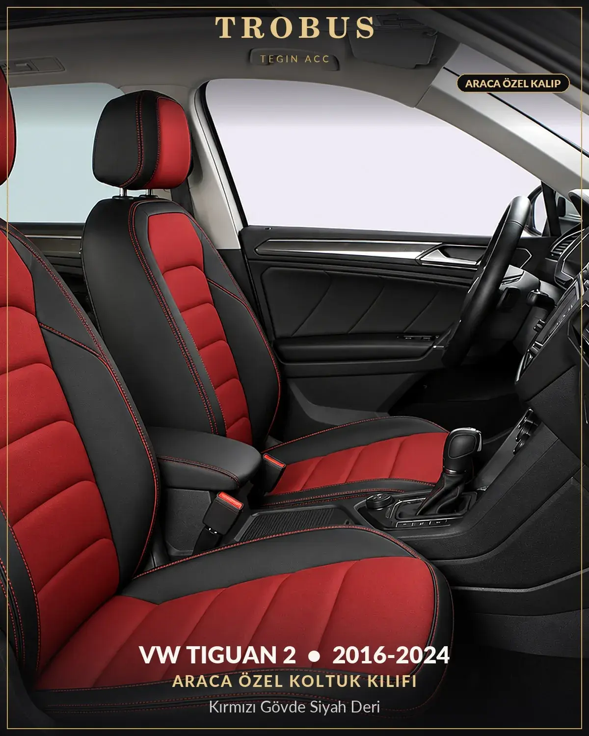 Volkswagen Tiguan 2 2016-2024 Araca Özel Koltuk Kılıfı Kırmızı Gövde Siyah Deri (1)