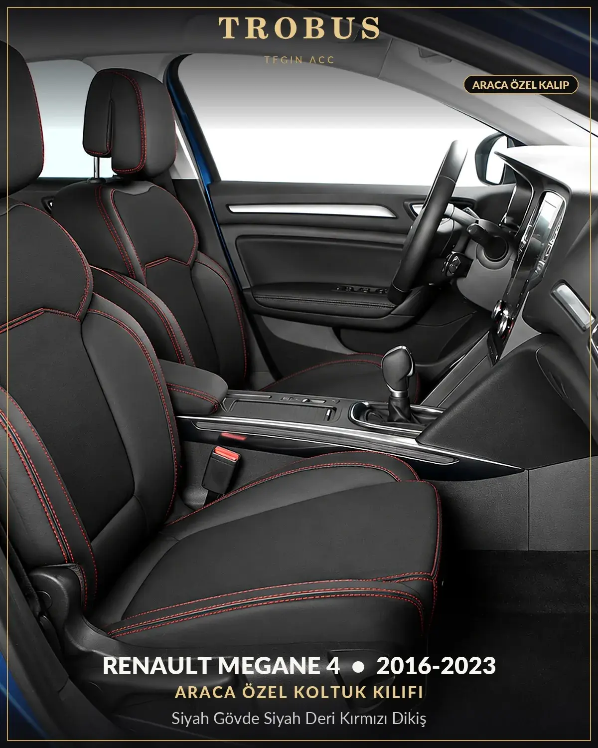 Renault Megane 4 2016-2023 Araca Özel Koltuk Kılıfı Siyah Gövde Siyah Deri Kırmızı Dikiş (1)