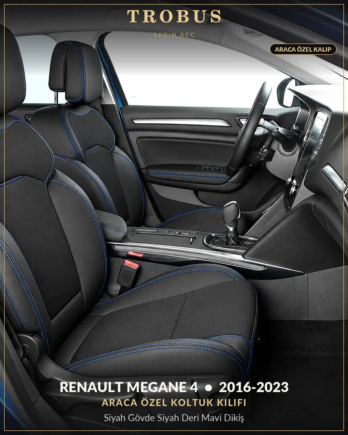 Renault Megane 4 2016-2023 Araca Özel Koltuk Kılıfı Siyah Gövde Siyah Deri Mavi Dikiş (1)