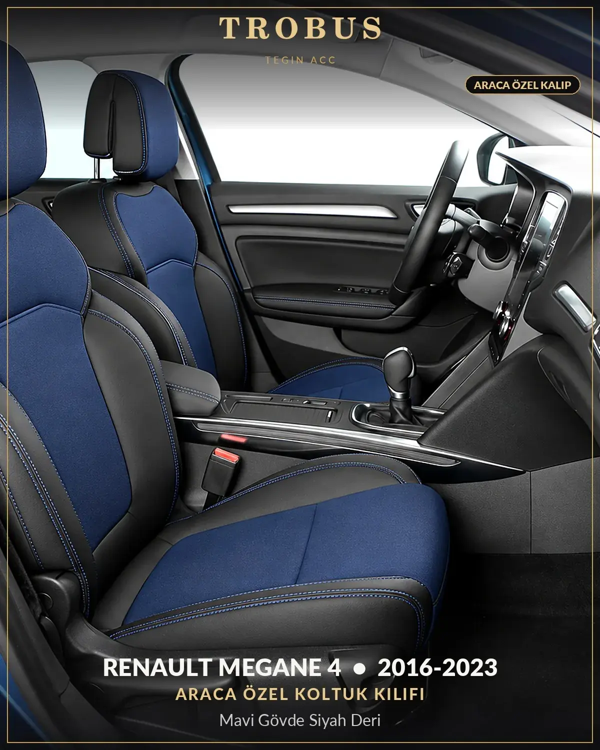 Renault Megane 4 2016-2023 Araca Özel Koltuk Kılıfı Mavi Gövde Siyah Deri (1)