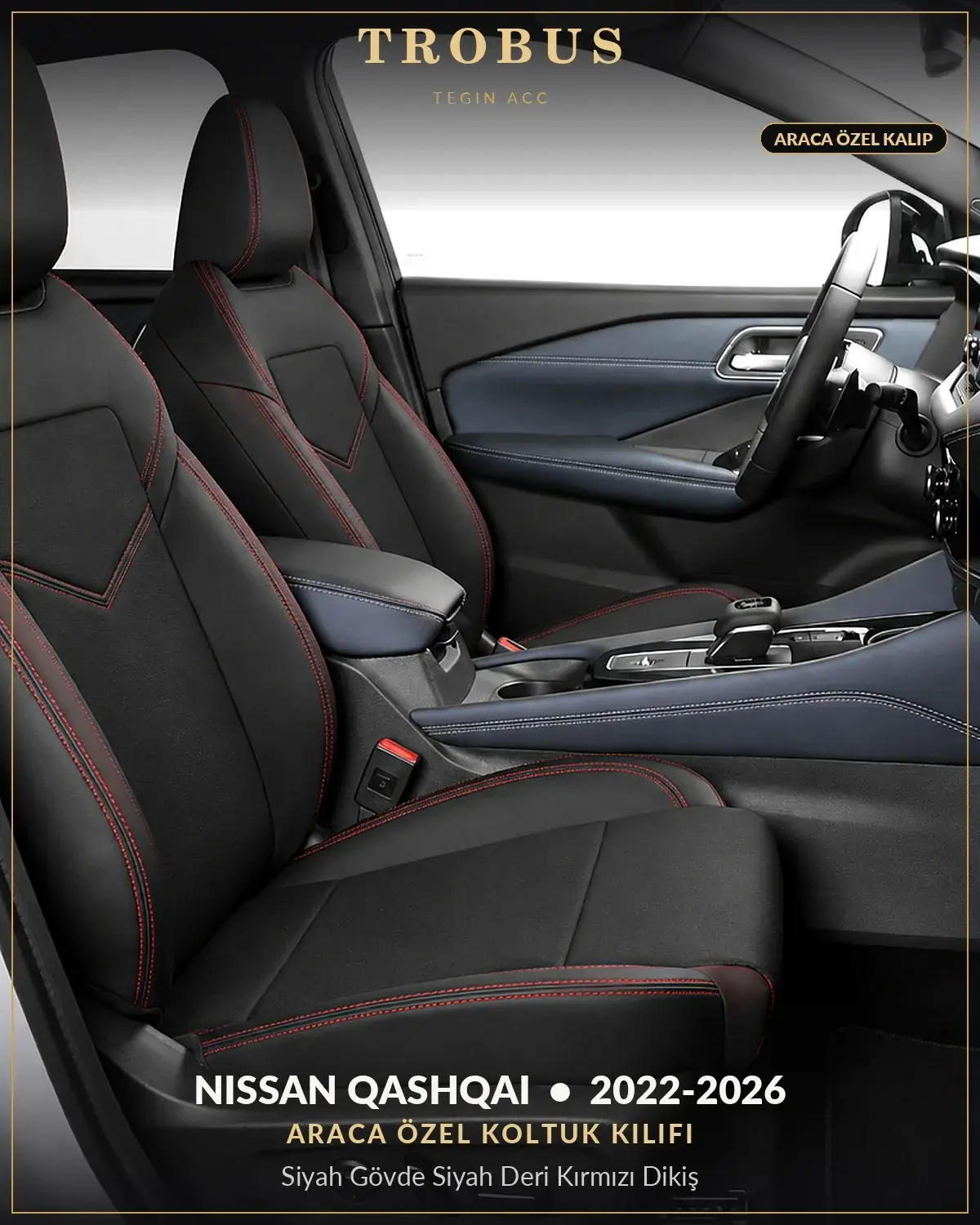 Nissan Qashqai 2022-2026 Araca Özel Koltuk Kılıfı Siyah Gövde Siyah Deri Kırmızı Dikiş (1)