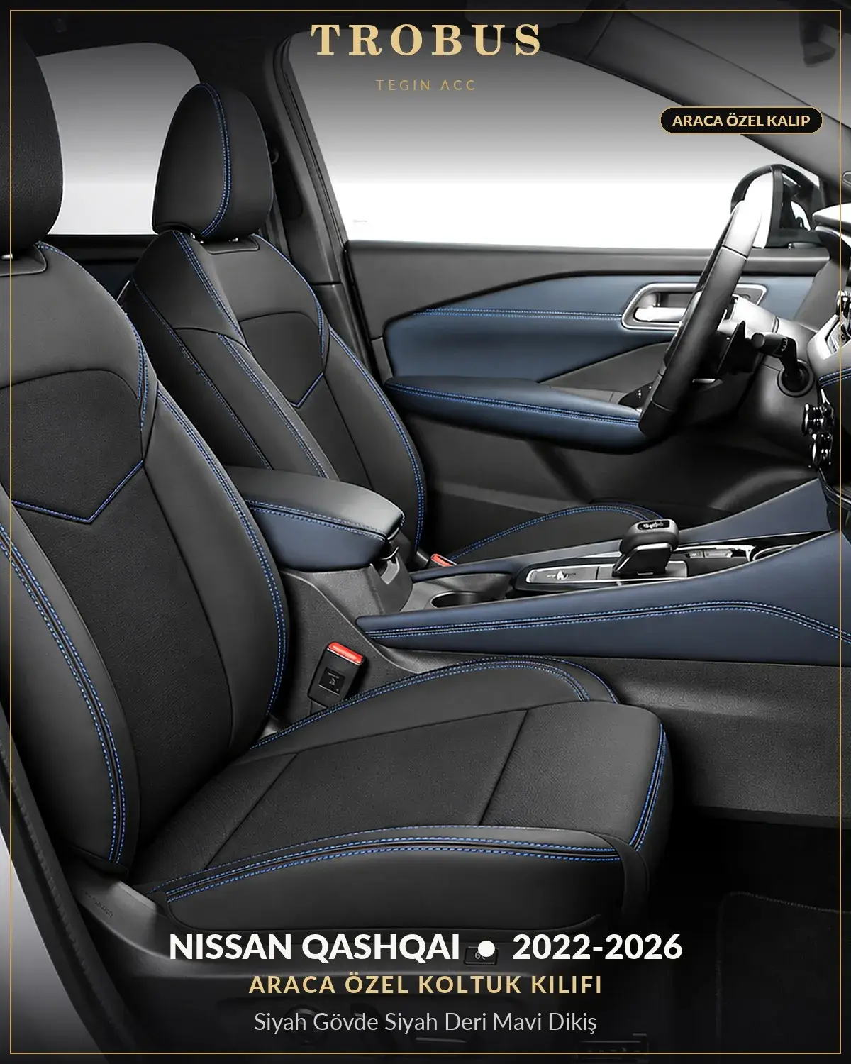 Nissan Qashqai 2022-2026 Araca Özel Koltuk Kılıfı Siyah Gövde Siyah Deri Mavi Dikiş (1)