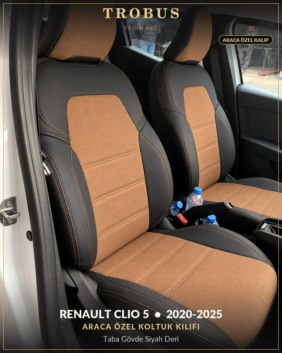 Renault Clio 5 2020-2025 Araca Özel Koltuk Kılıfı Taba Gövde Siyah Deri (1)