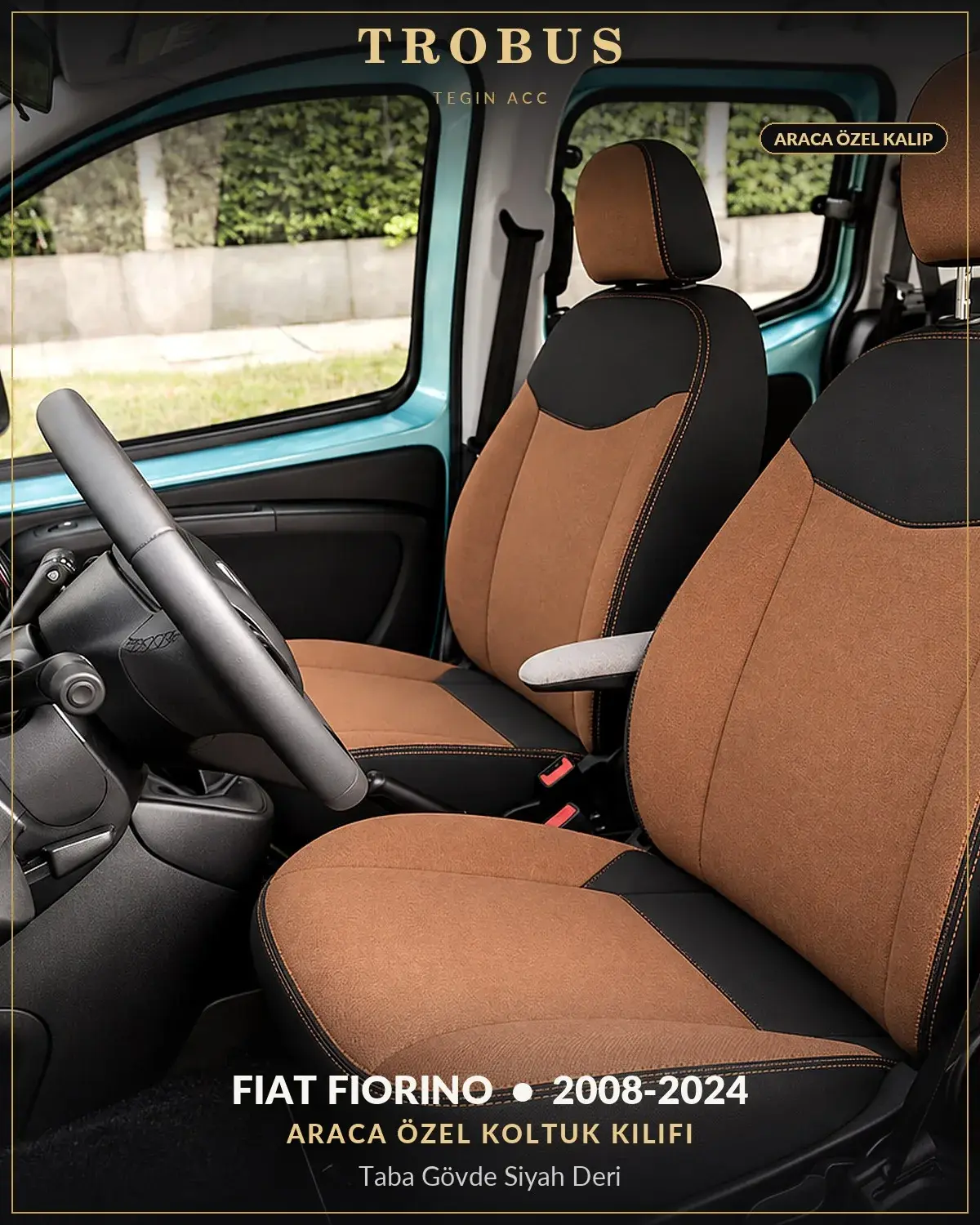 Fiat Fiorino 2008-2024 Araca Özel Koltuk Kılıfı Taba Gövde Siyah Deri (1)