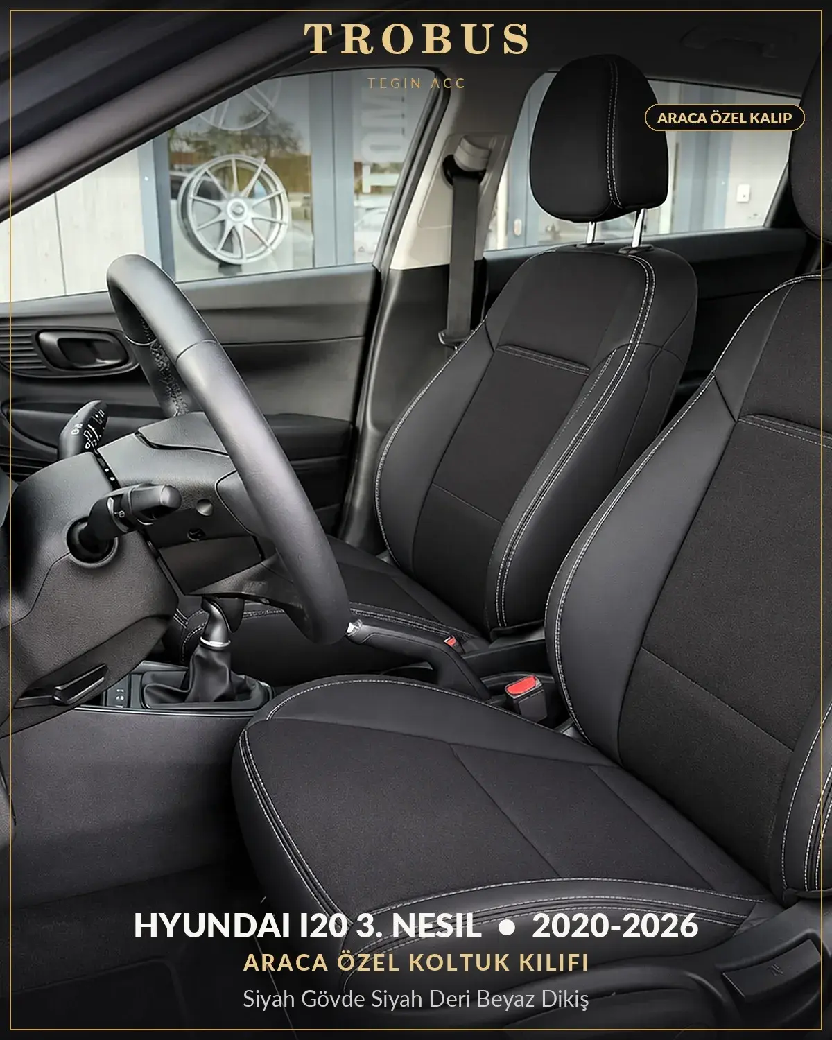 Hyundai i20 3. Nesil 2020-2026 Araca Özel Koltuk Kılıfı Siyah Gövde Siyah Deri Beyaz Dikiş (1)