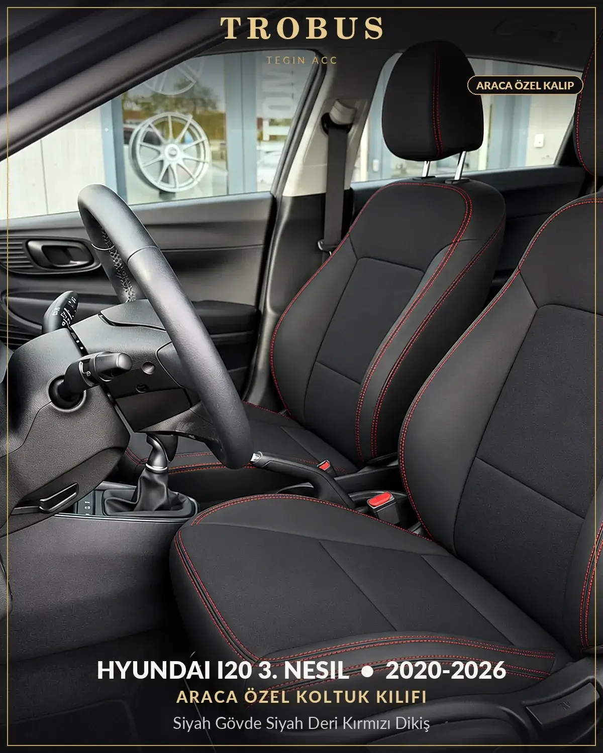 Hyundai i20 3. Nesil 2020-2026 Araca Özel Koltuk Kılıfı Siyah Gövde Siyah Deri Kırmızı Dikiş (1)