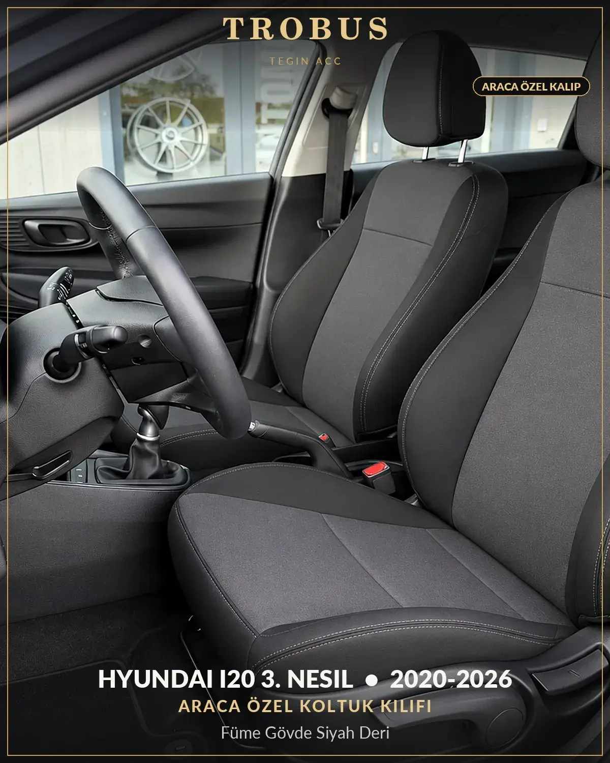 Hyundai i20 3. Nesil 2020-2026 Araca Özel Koltuk Kılıfı Füme Gövde Siyah Deri (1)