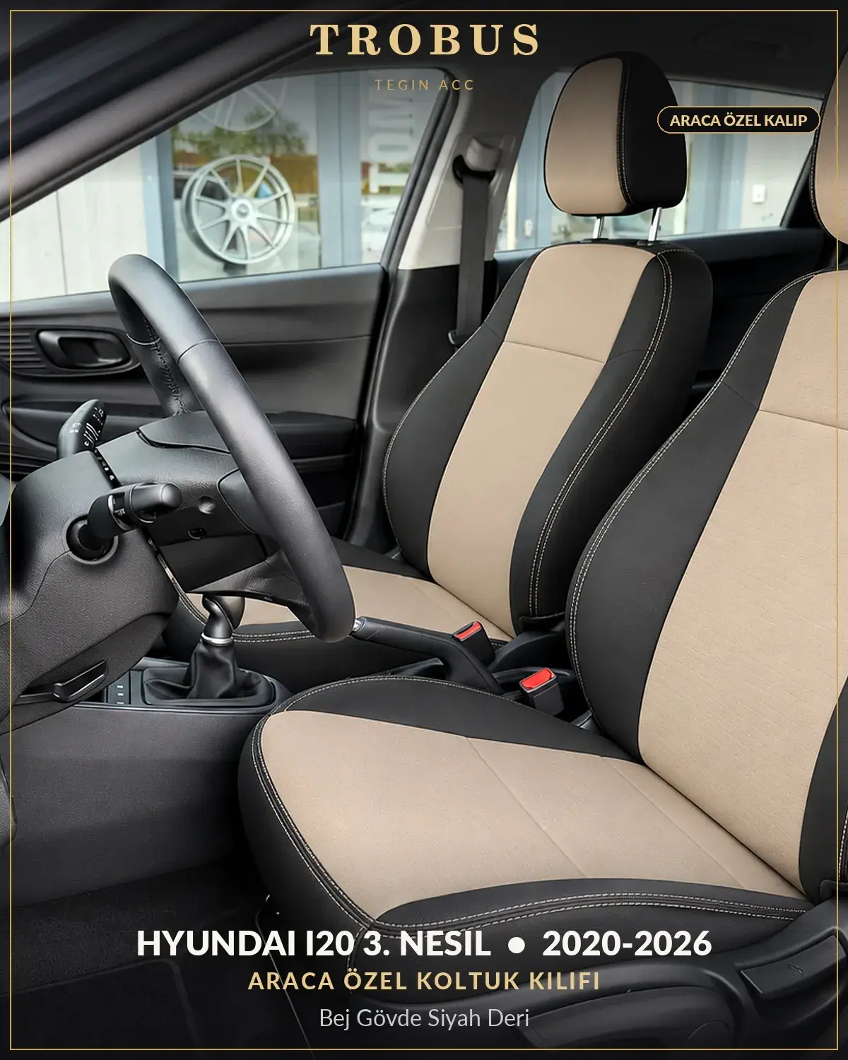 Hyundai i20 3. Nesil 2020-2026 Araca Özel Koltuk Kılıfı Bej Gövde Siyah Deri (1)
