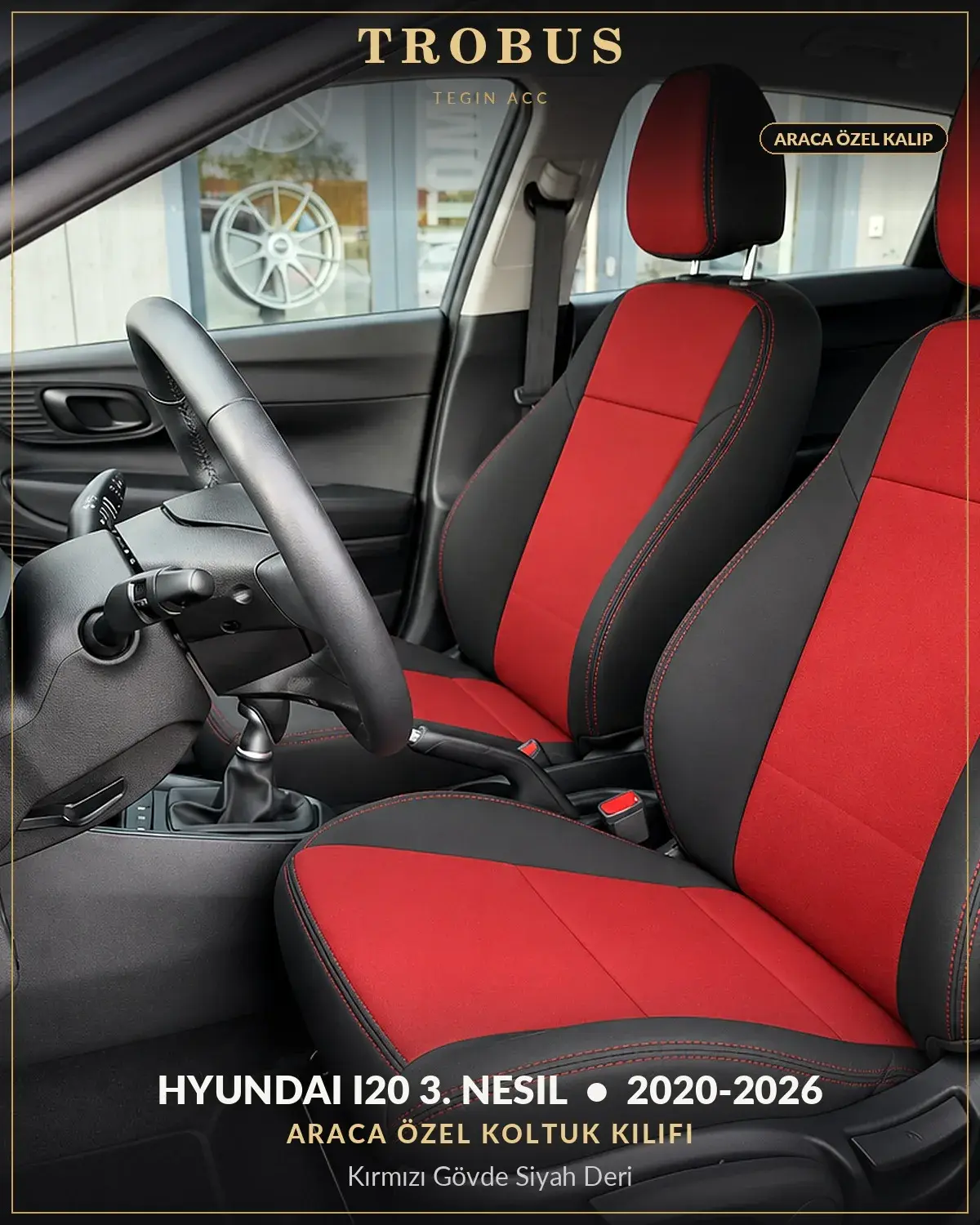 Hyundai i20 3. Nesil 2020-2026 Araca Özel Koltuk Kılıfı Kırmızı Gövde Siyah Deri (1)