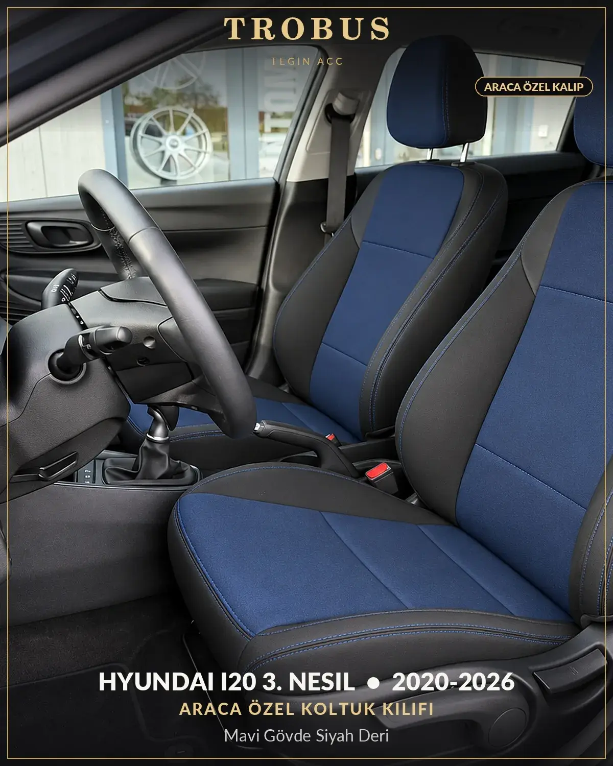 Hyundai i20 3. Nesil 2020-2026 Araca Özel Koltuk Kılıfı Mavi Gövde Siyah Deri (1)