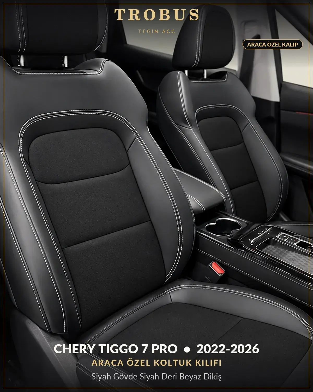 Chery Tiggo 7 Pro 2022-2026 Araca Özel Koltuk Kılıfı Siyah Gövde Siyah Deri Beyaz Dikiş (1)