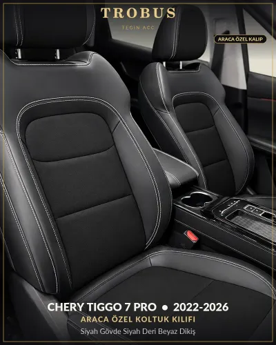 Chery Tiggo 7 Pro 2022-2026 Araca Özel Koltuk Kılıfı Siyah Gövde Siyah Deri Beyaz Dikiş