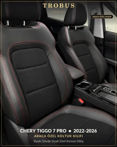 Chery Tiggo 7 Pro 2022-2026 Araca Özel Koltuk Kılıfı Siyah Gövde Siyah Deri Kırmızı Dikiş