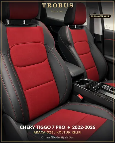 Chery Tiggo 7 Pro 2022-2026 Araca Özel Koltuk Kılıfı Kırmızı Gövde Siyah Deri