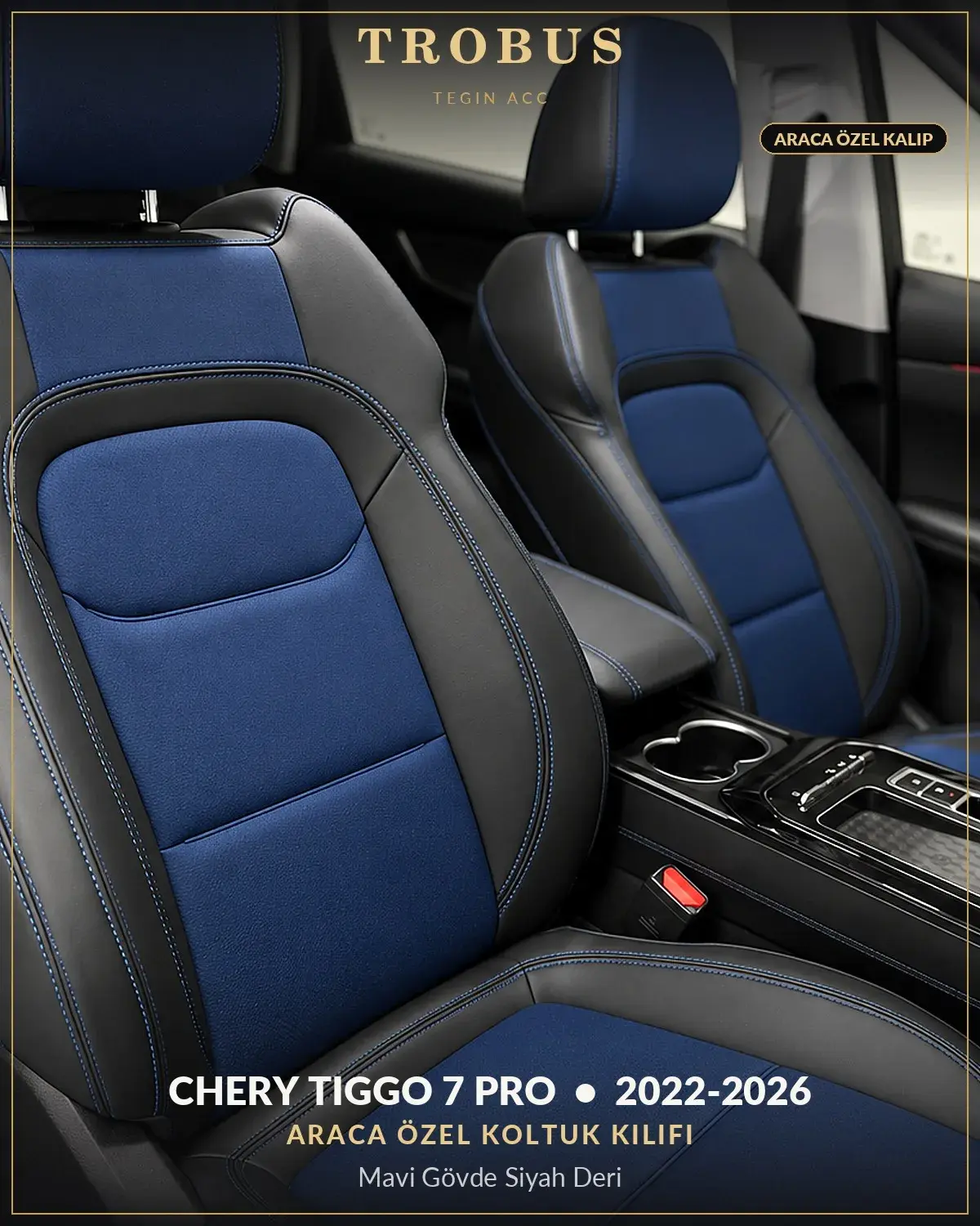Chery Tiggo 7 Pro 2022-2026 Araca Özel Koltuk Kılıfı Mavi Gövde Siyah Deri (1)